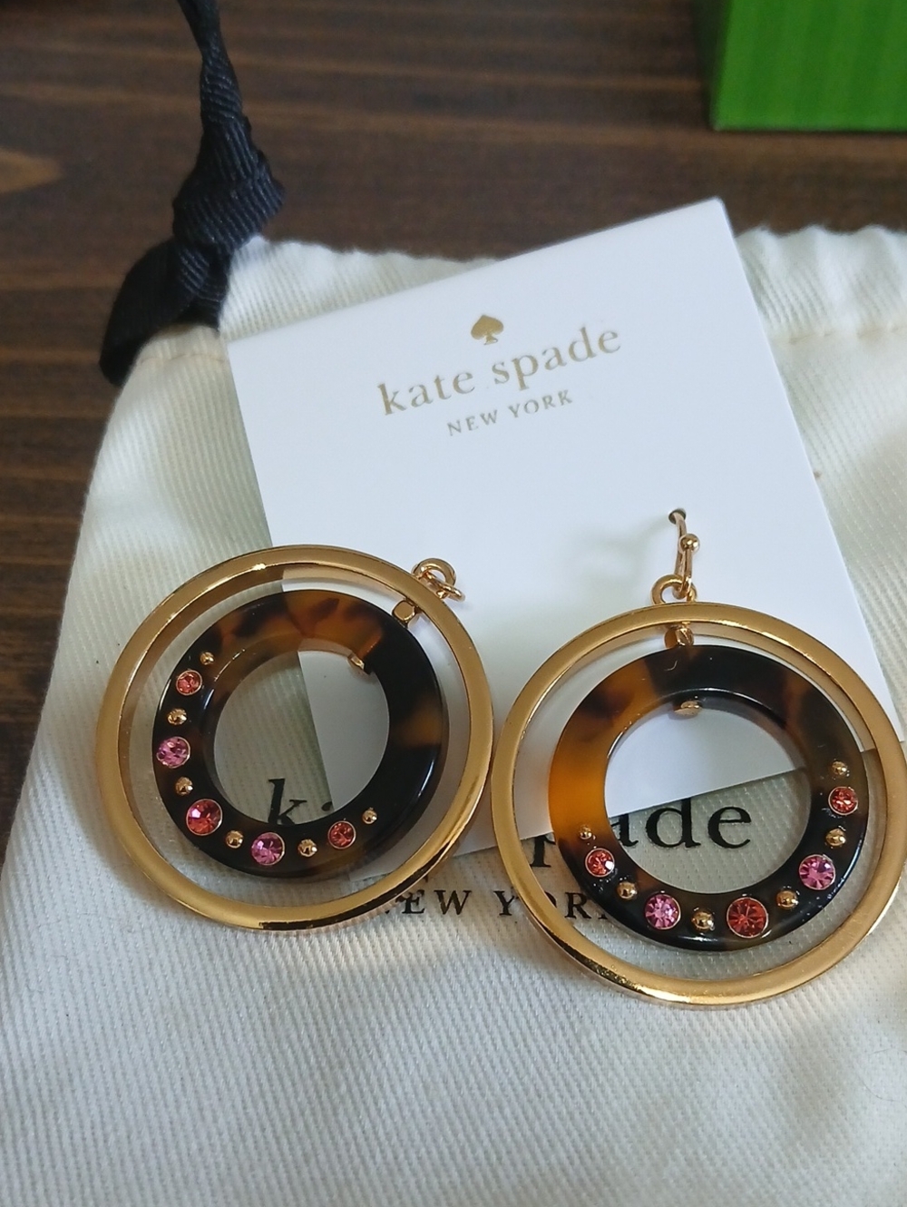 NWT Kate Spade Out of Her Shell Circle Drop Earrings hoop Tortoise Crystals